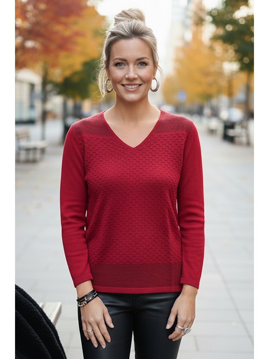 Kırmızı V Yaka Uzun Kol İnce Casual Ajur Örgü Triko Kazak 65 60
