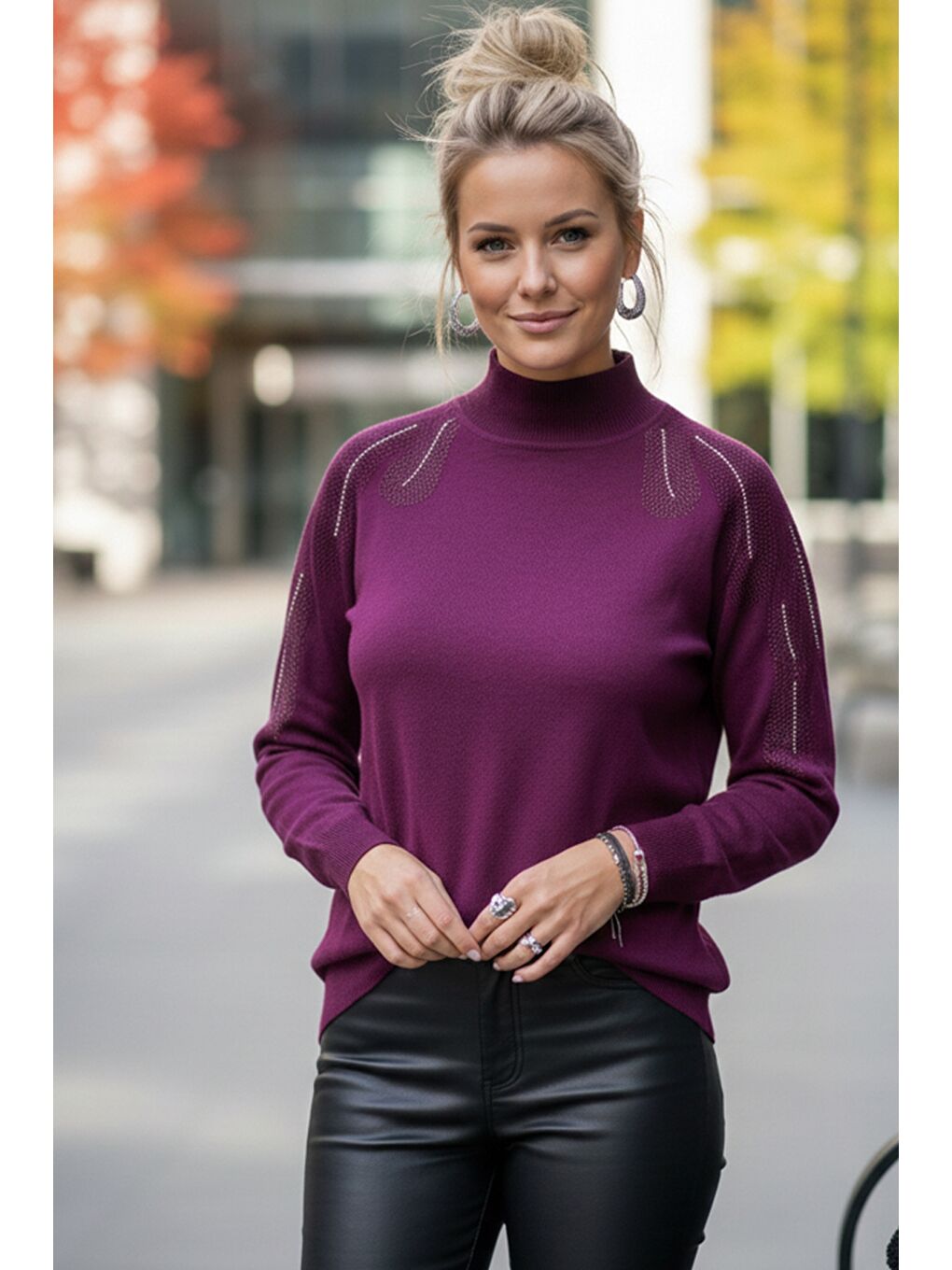 Mor Balıkçı Yaka Uzun Kol İnce Taşlı Casual Triko Kazak 65 60