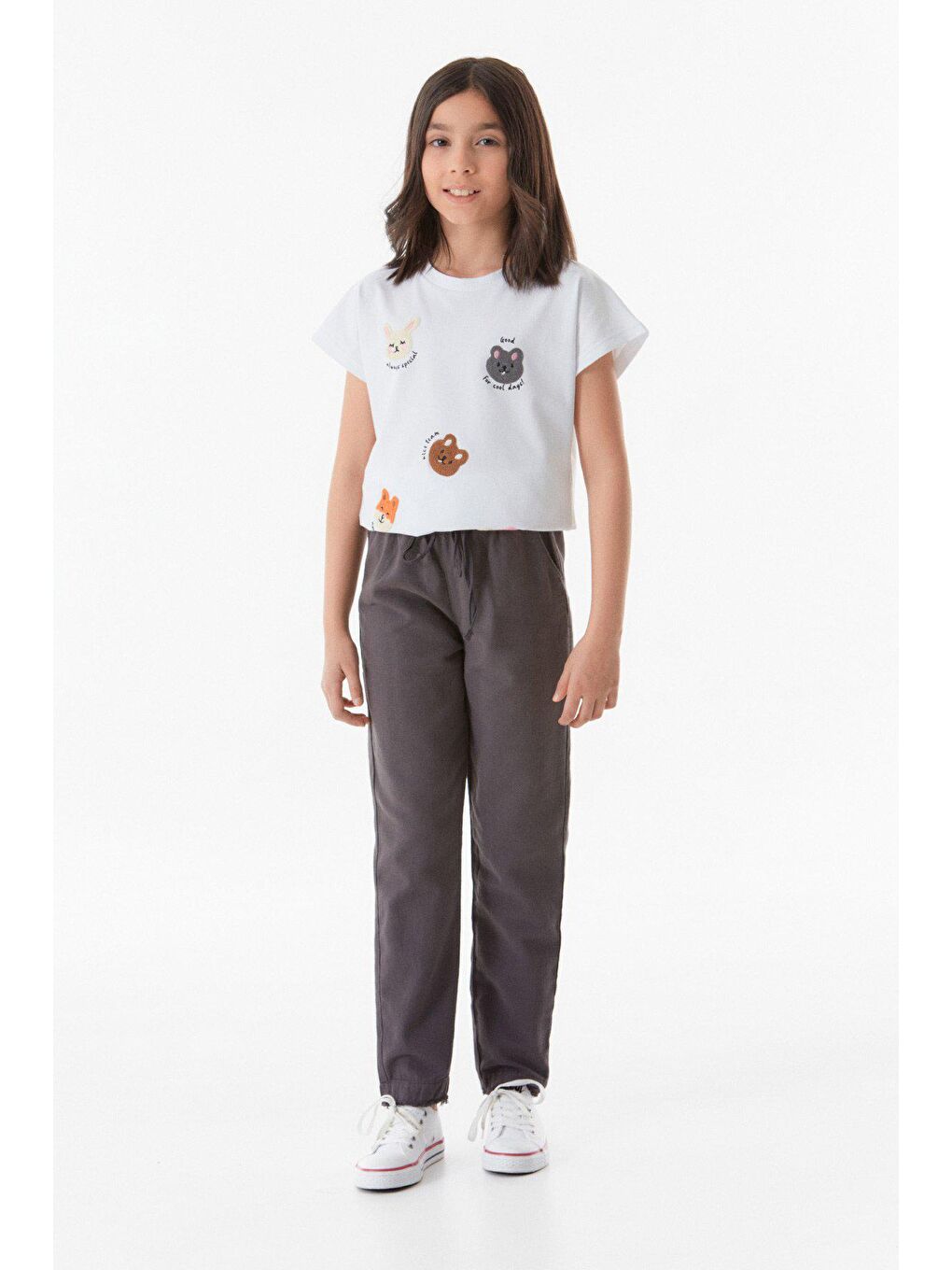 Gri Beli Lastikli Keten Kız Çocuk Pantolon