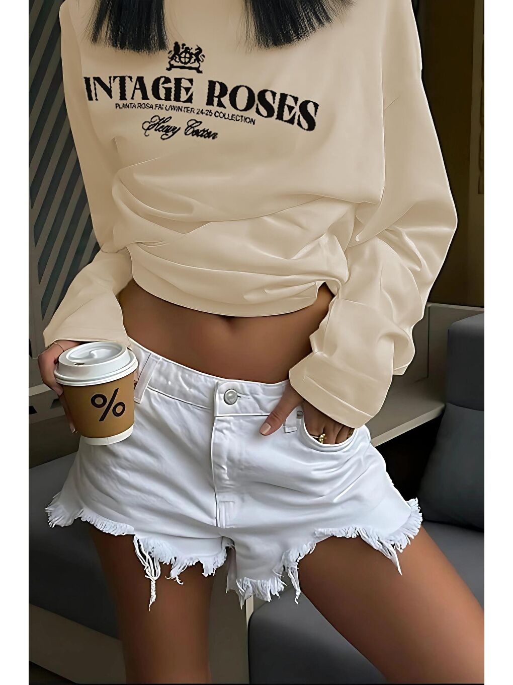 Bej Baskılı Uzun Kollu Tişört Mg2451-1