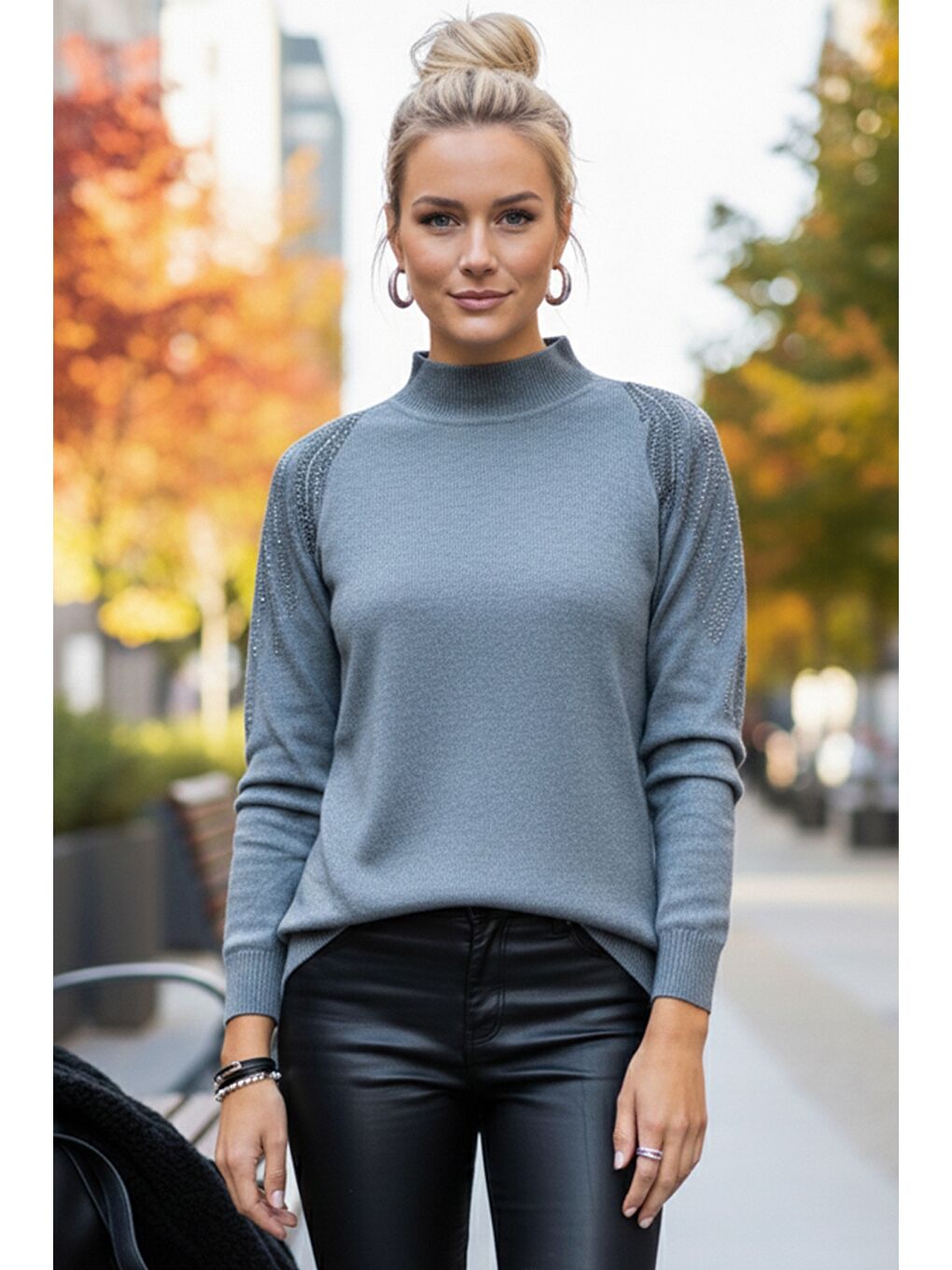 Gri Balıkçı Yaka Uzun Kol İnce Taşlı Casual Triko Kazak 65 60-1