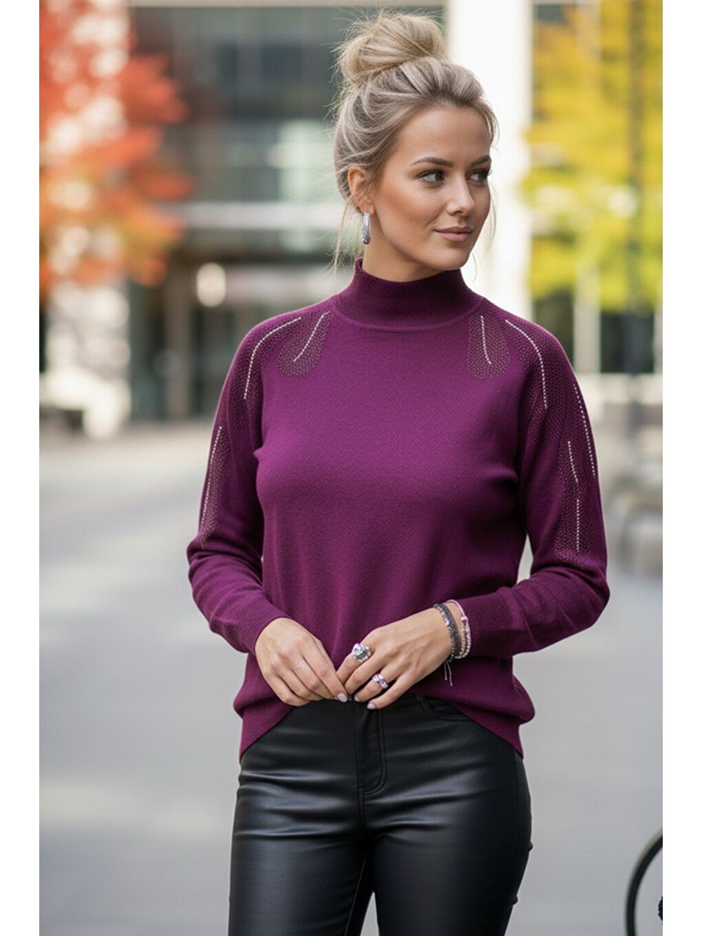 Mor Balıkçı Yaka Uzun Kol İnce Taşlı Casual Triko Kazak 65 60-1