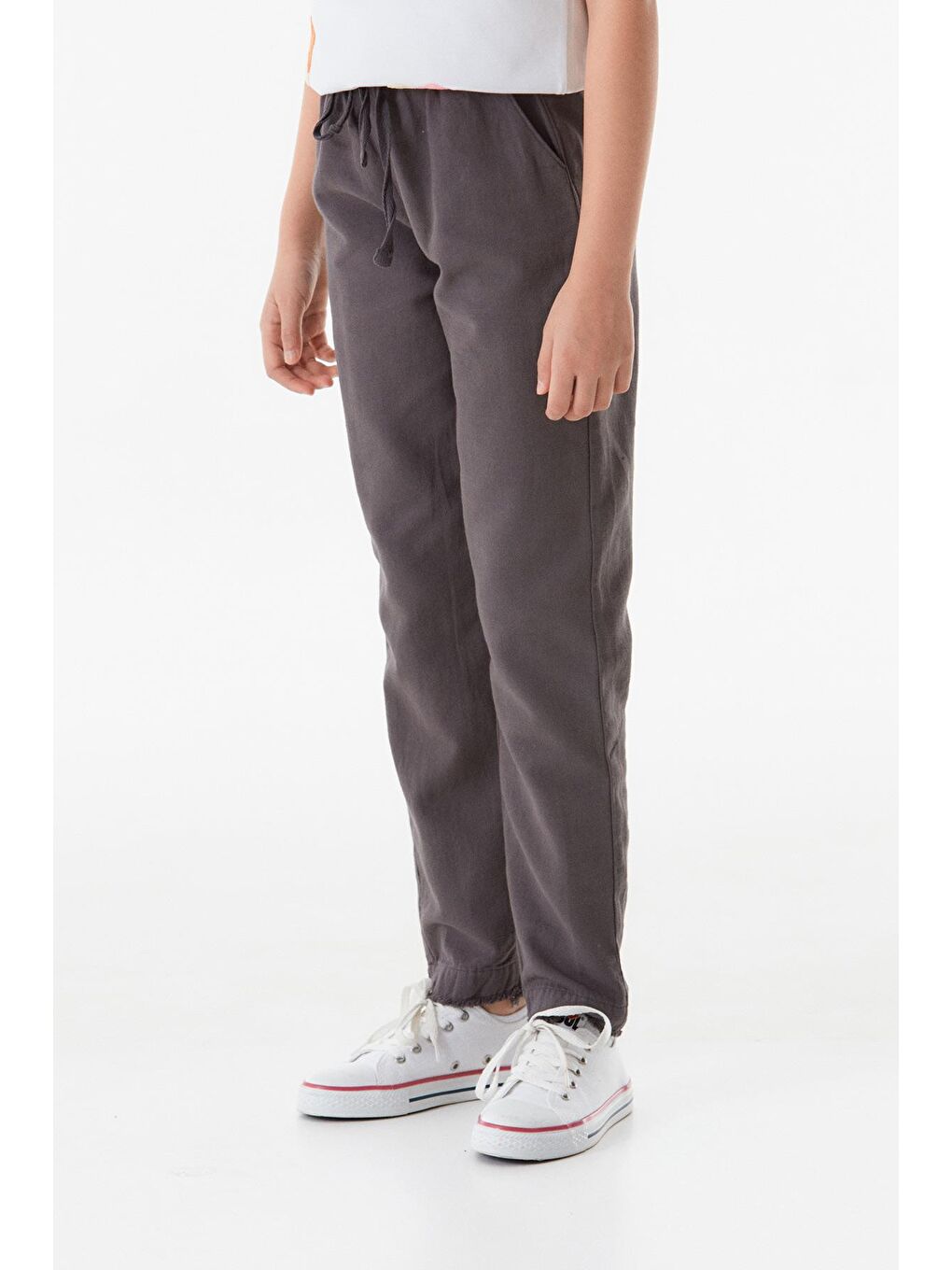 Gri Beli Lastikli Keten Kız Çocuk Pantolon-1