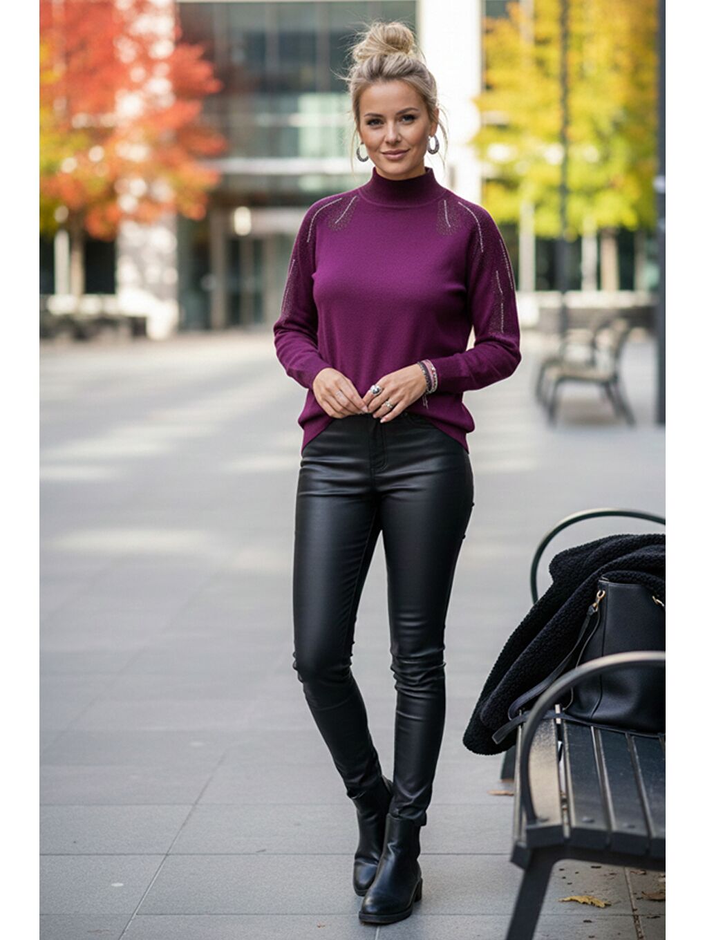 Mor Balıkçı Yaka Uzun Kol İnce Taşlı Casual Triko Kazak 65 60-2