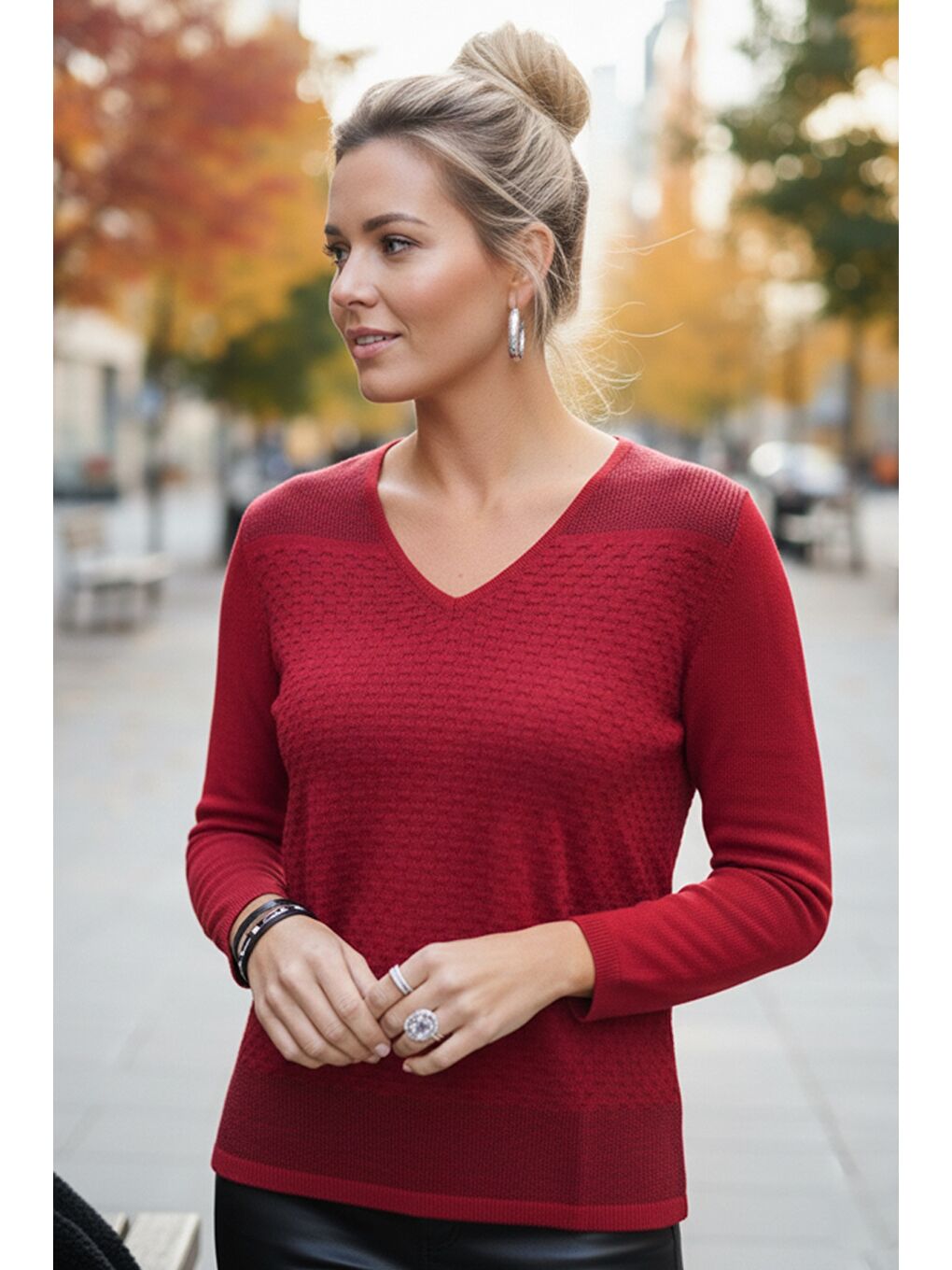 Kırmızı V Yaka Uzun Kol İnce Casual Ajur Örgü Triko Kazak 65 60-2