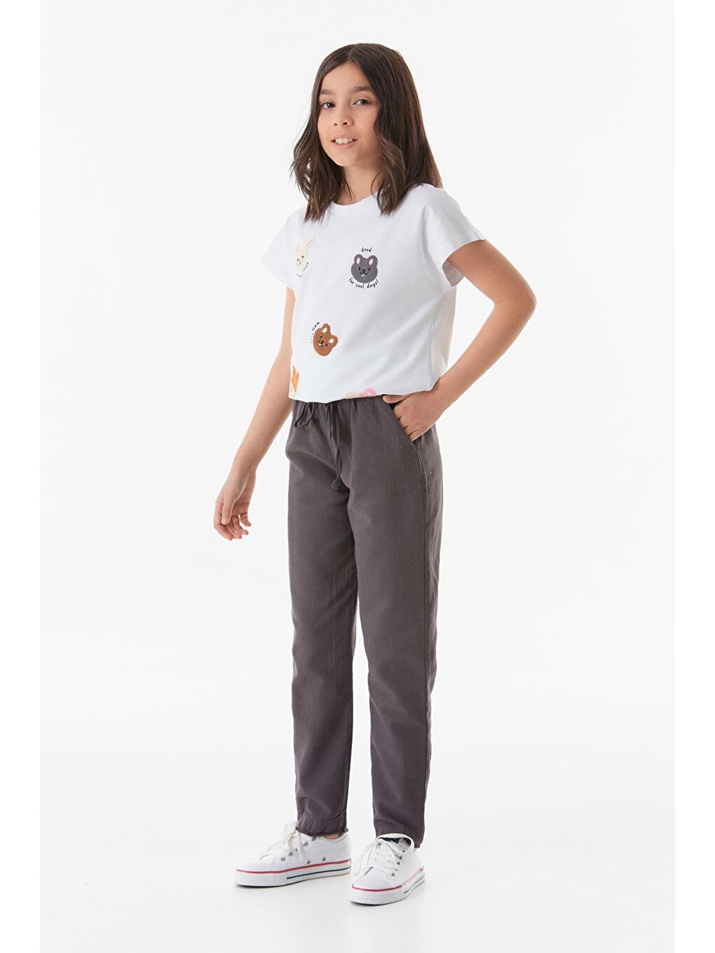 Gri Beli Lastikli Keten Kız Çocuk Pantolon-2