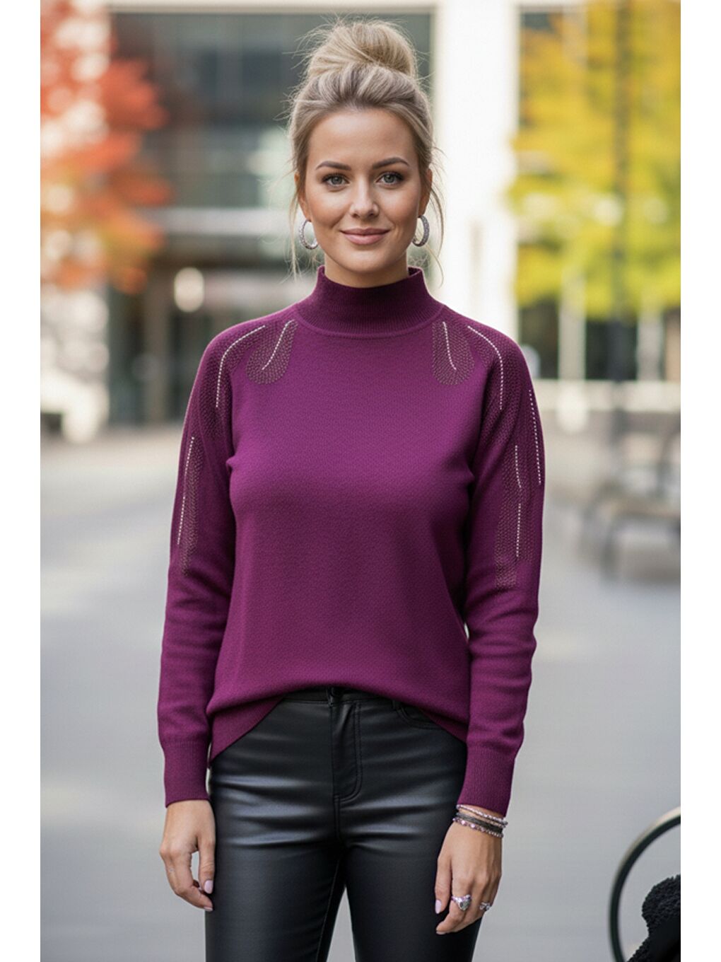 Mor Balıkçı Yaka Uzun Kol İnce Taşlı Casual Triko Kazak 65 60-3