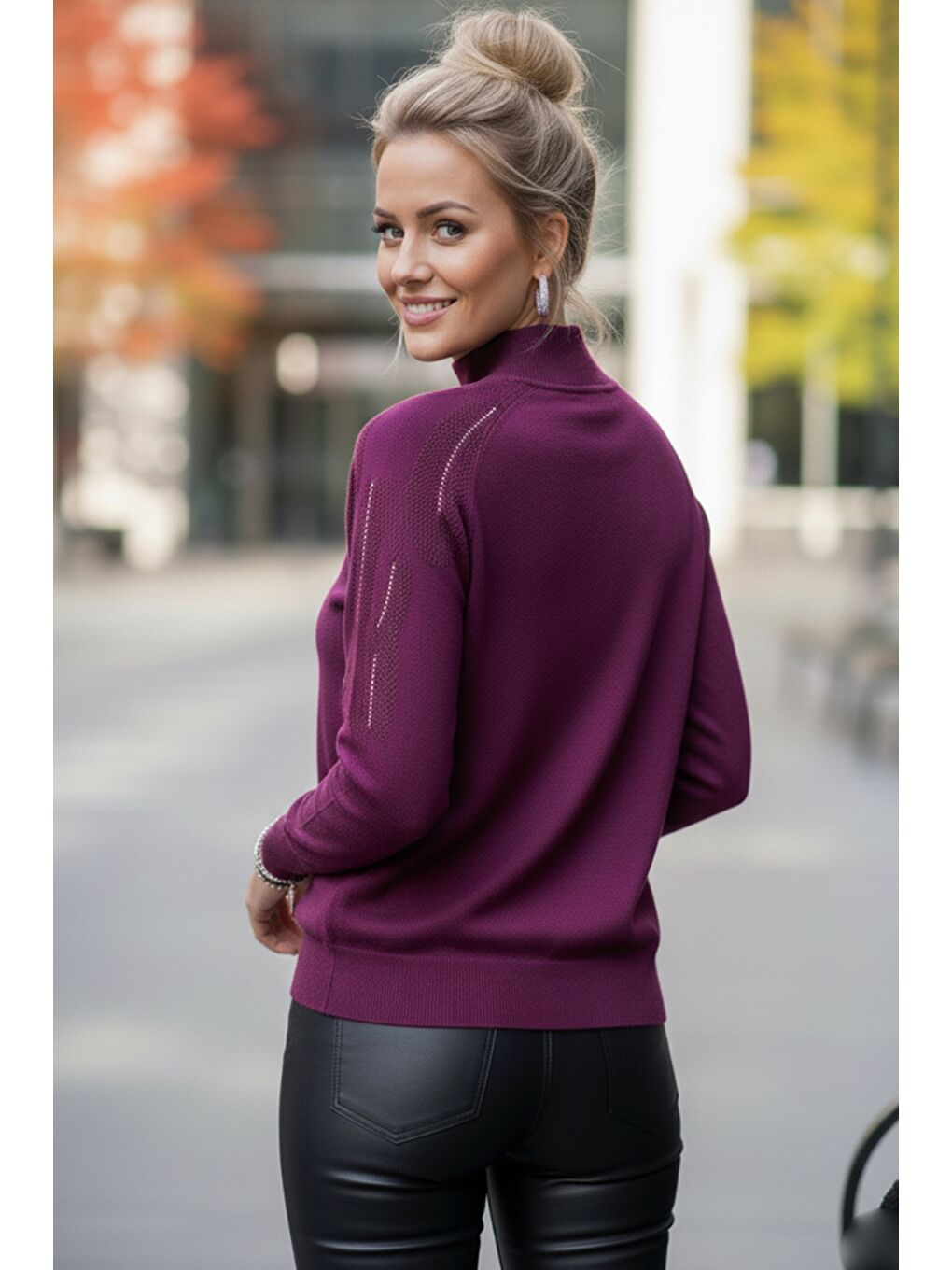 Mor Balıkçı Yaka Uzun Kol İnce Taşlı Casual Triko Kazak 65 60-4