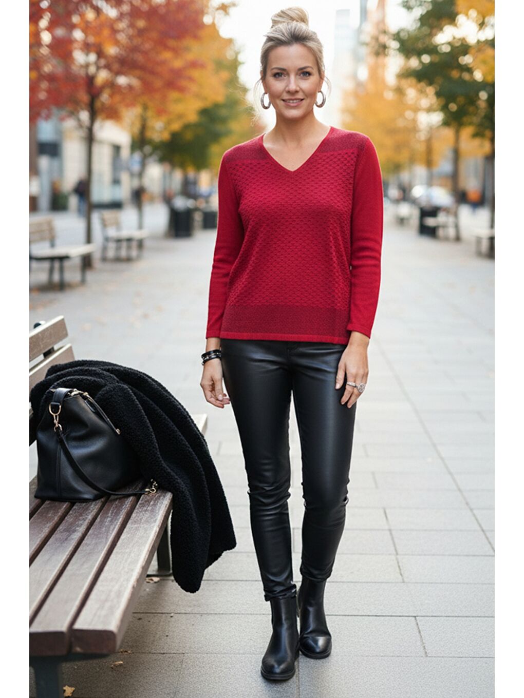 Kırmızı V Yaka Uzun Kol İnce Casual Ajur Örgü Triko Kazak 65 60-4