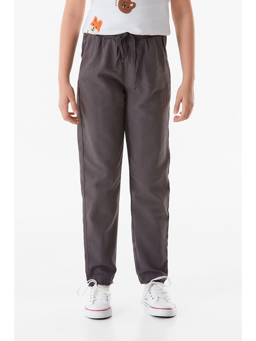 Gri Beli Lastikli Keten Kız Çocuk Pantolon-3