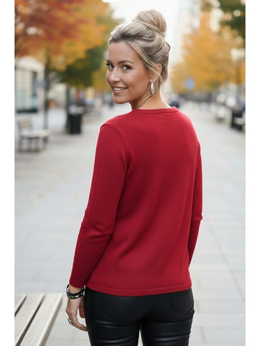 Kırmızı V Yaka Uzun Kol İnce Casual Ajur Örgü Triko Kazak 65 60-6