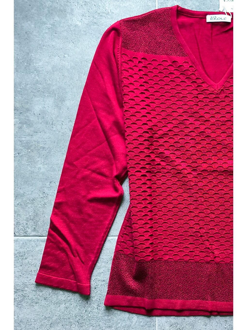 Kırmızı V Yaka Uzun Kol İnce Casual Ajur Örgü Triko Kazak 65 60-7