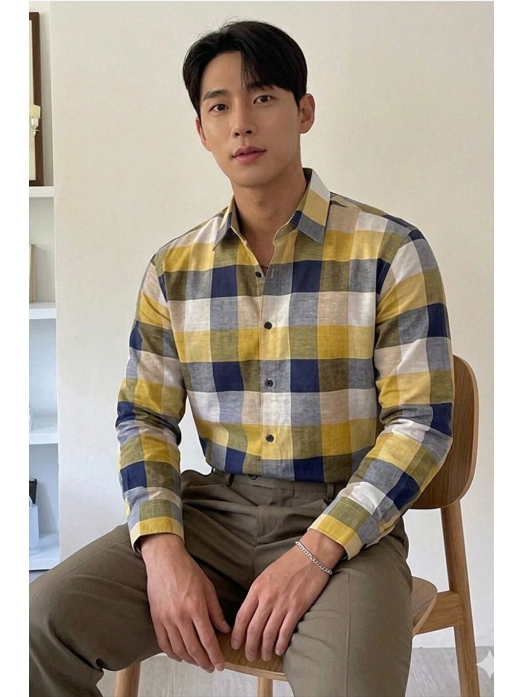 Ekru Erkek Ekose-Kareli Gömlek Slim Fit Pamuk Karışımlı Klasik Tarz Uzun Kollu Gömlek-1