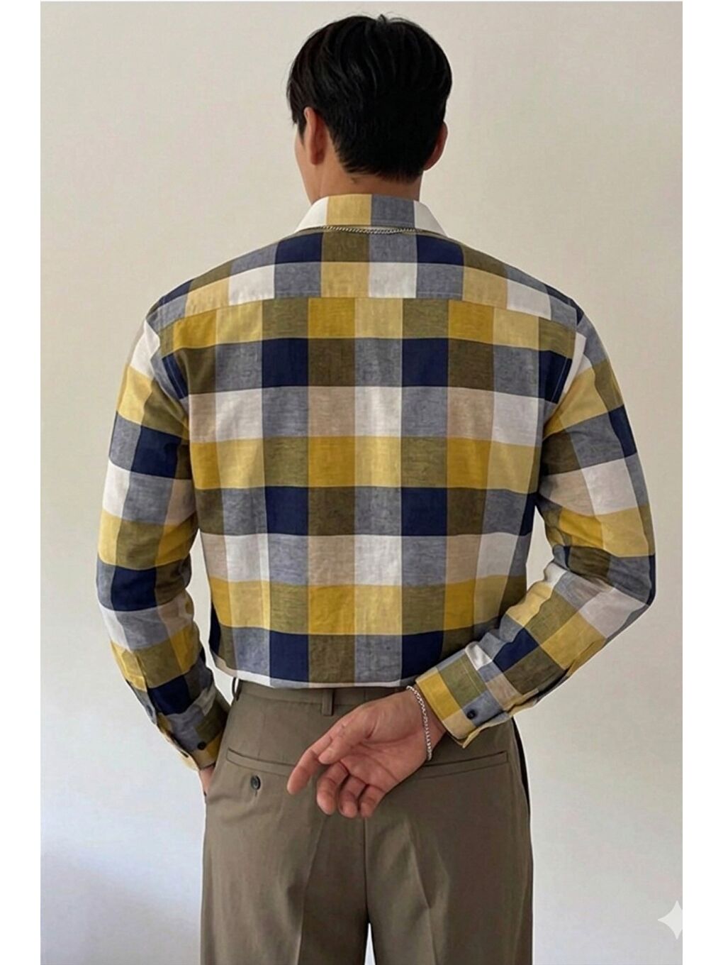 Ekru Erkek Ekose-Kareli Gömlek Slim Fit Pamuk Karışımlı Klasik Tarz Uzun Kollu Gömlek-2