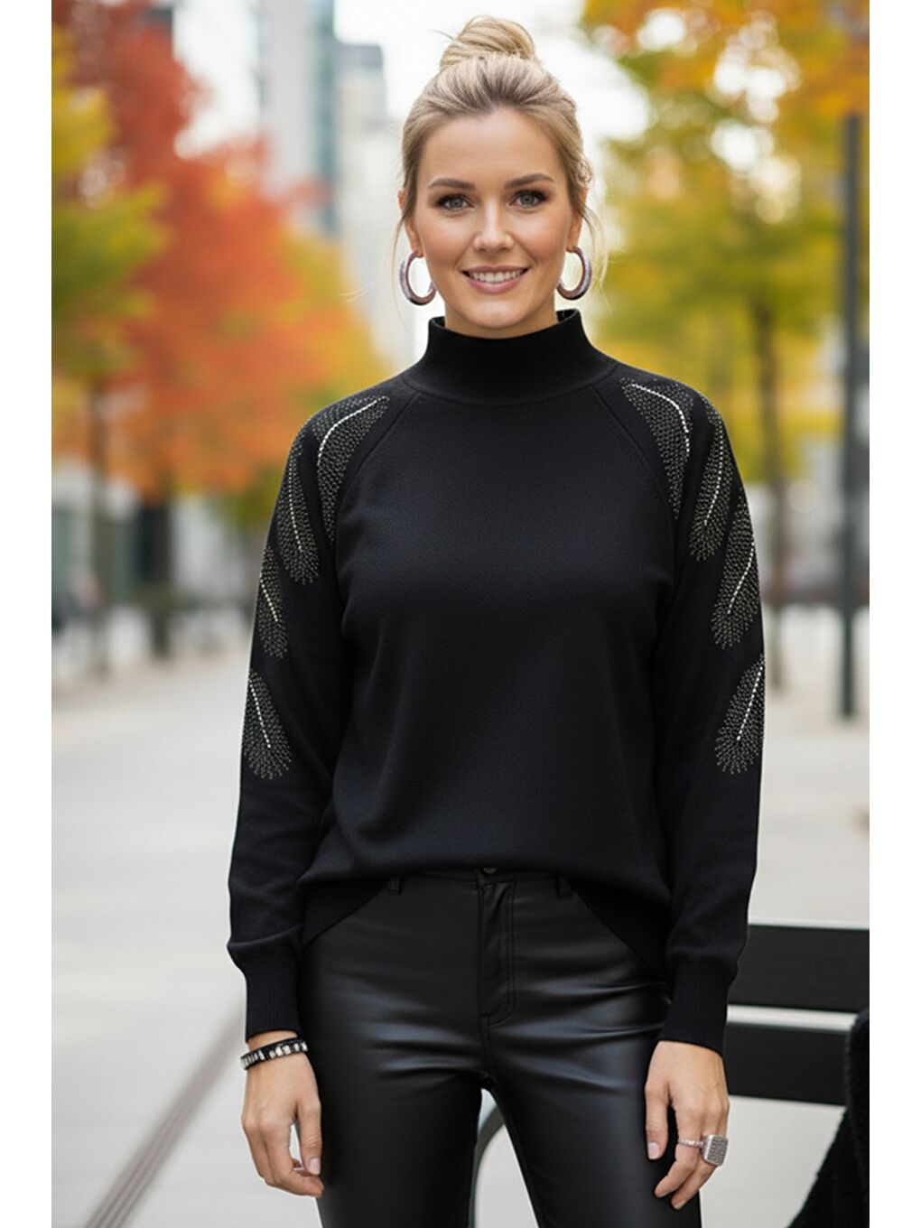 Siyah Balıkçı Yaka Uzun Kol İnce Taşlı Casual Triko Kazak 65 60