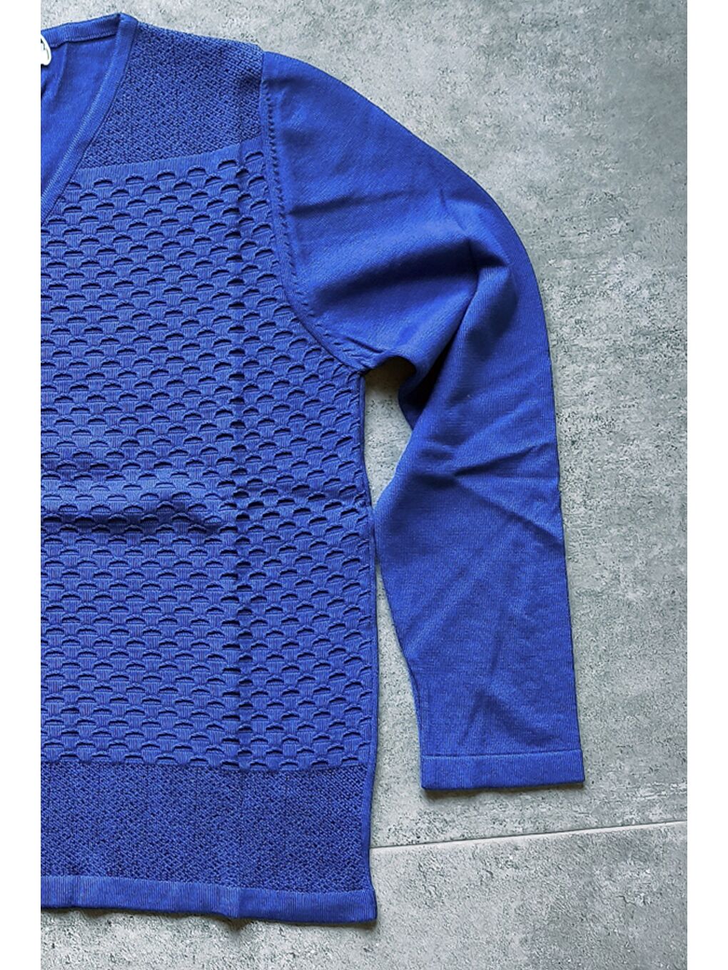 Saks Mavisi V Yaka Uzun Kol İnce Casual Ajur Örgü Triko Kazak 65 60-7