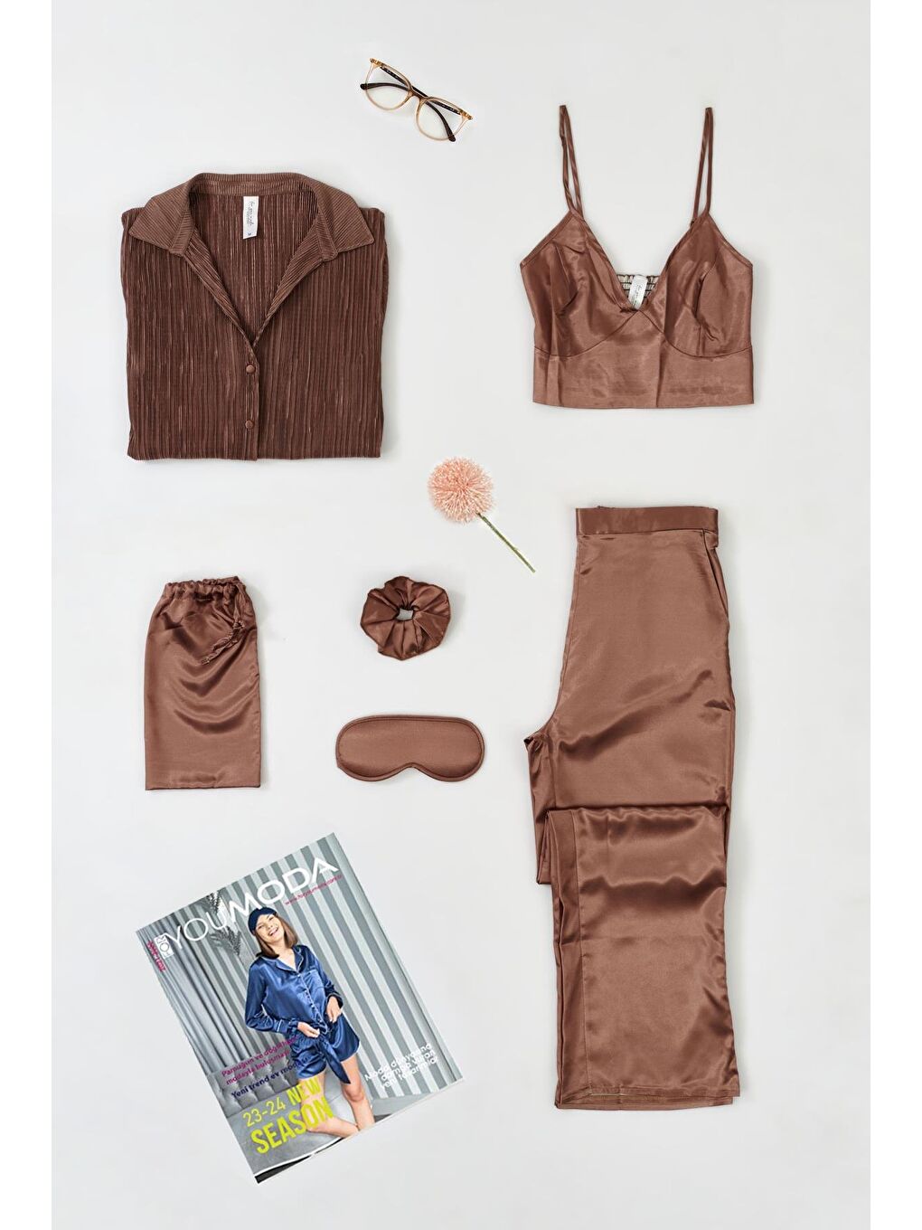 Bej 6'Lı Pliseli Vizon Bustiyerli Pijama Takım