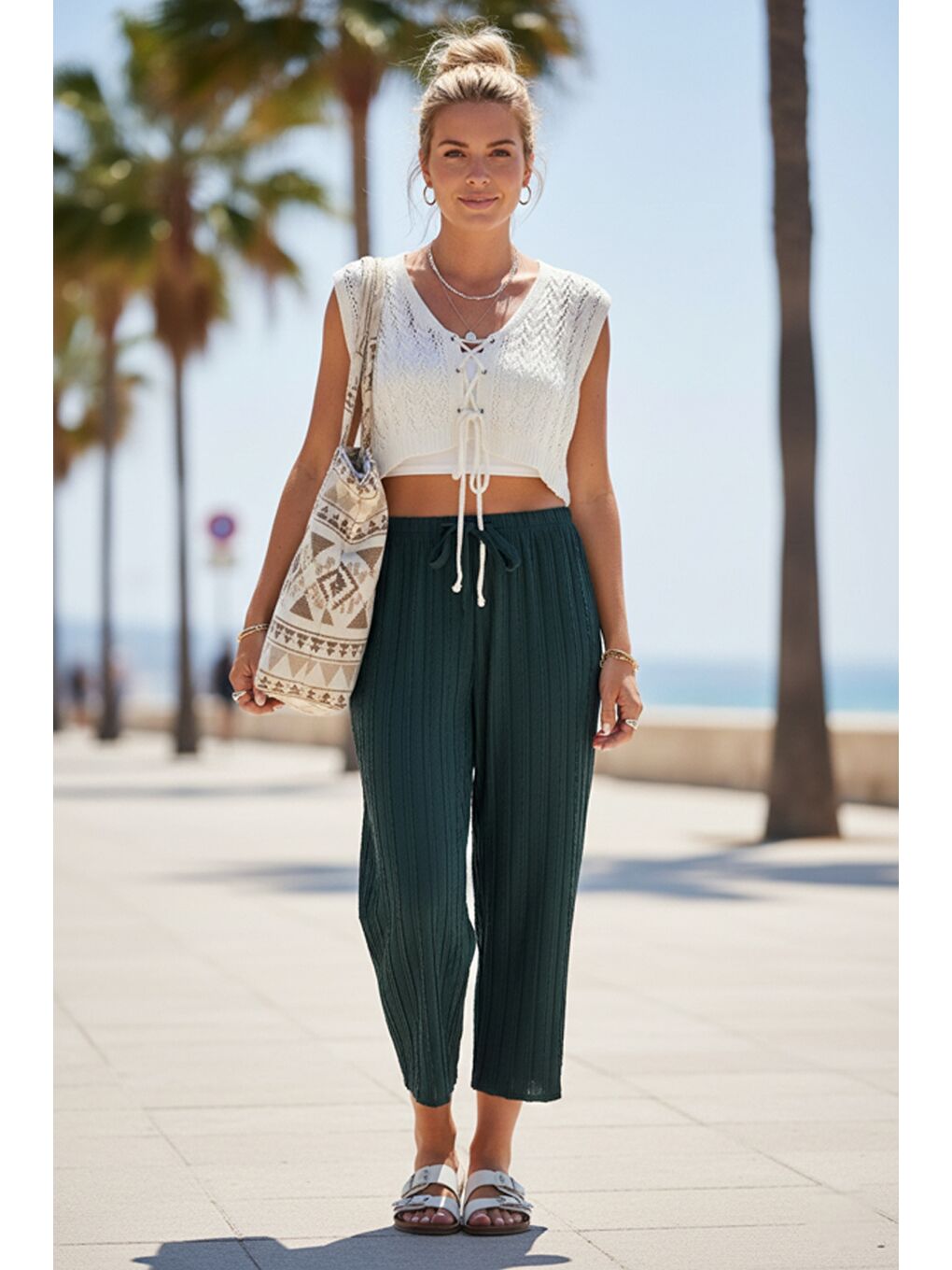 Yeşil Lastikli Bel Geniş Paça Casual Ajur Örgü Örme Pantolon 100 65-1