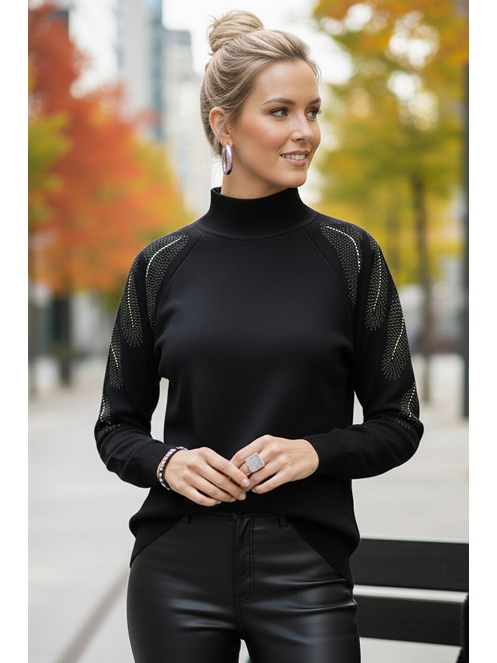 Siyah Balıkçı Yaka Uzun Kol İnce Taşlı Casual Triko Kazak 65 60-4