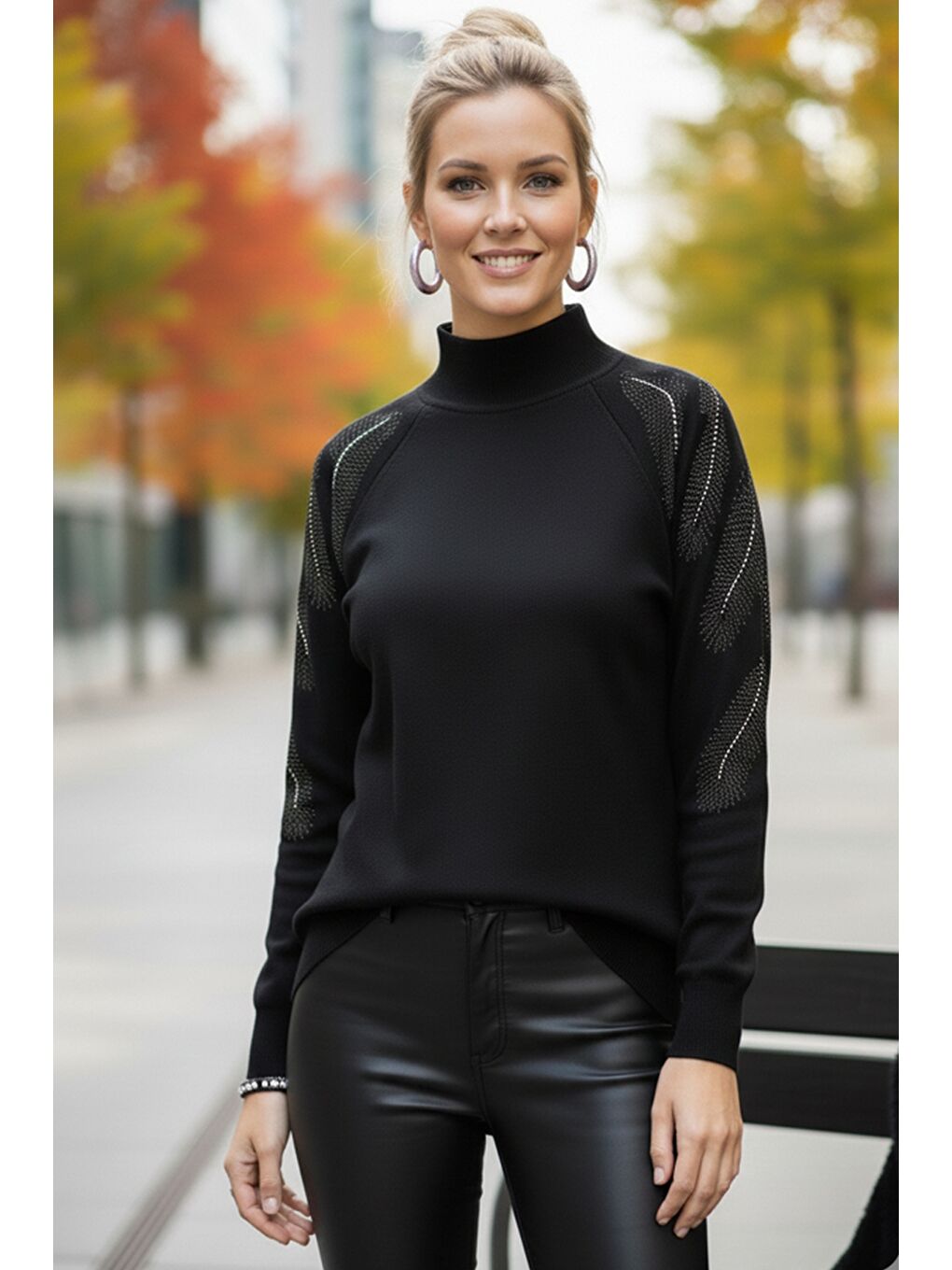 Siyah Balıkçı Yaka Uzun Kol İnce Taşlı Casual Triko Kazak 65 60-5