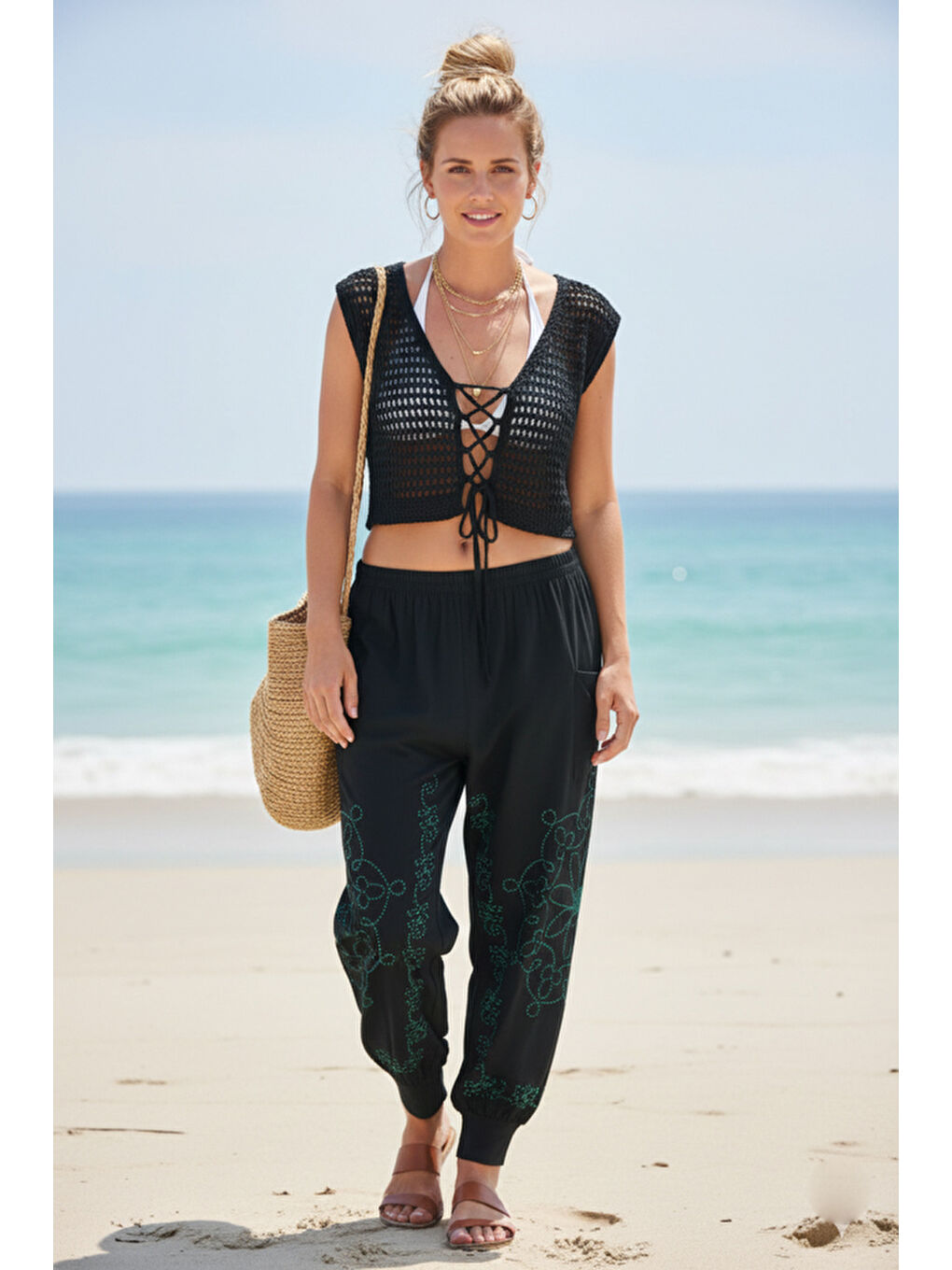 Siyah-Yeşil Baskılı Cepli Lastikli Bel Lastikli Paça Casual Örme Şalvar Pantolon 95 60-1