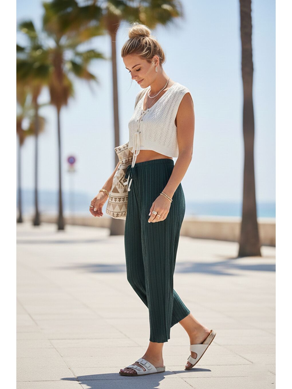 Yeşil Lastikli Bel Geniş Paça Casual Ajur Örgü Örme Pantolon 100 65-3