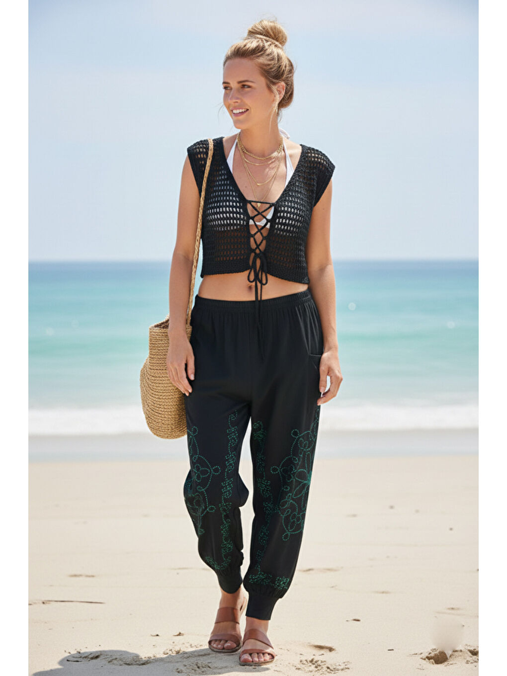 Siyah-Yeşil Baskılı Cepli Lastikli Bel Lastikli Paça Casual Örme Şalvar Pantolon 95 60-2