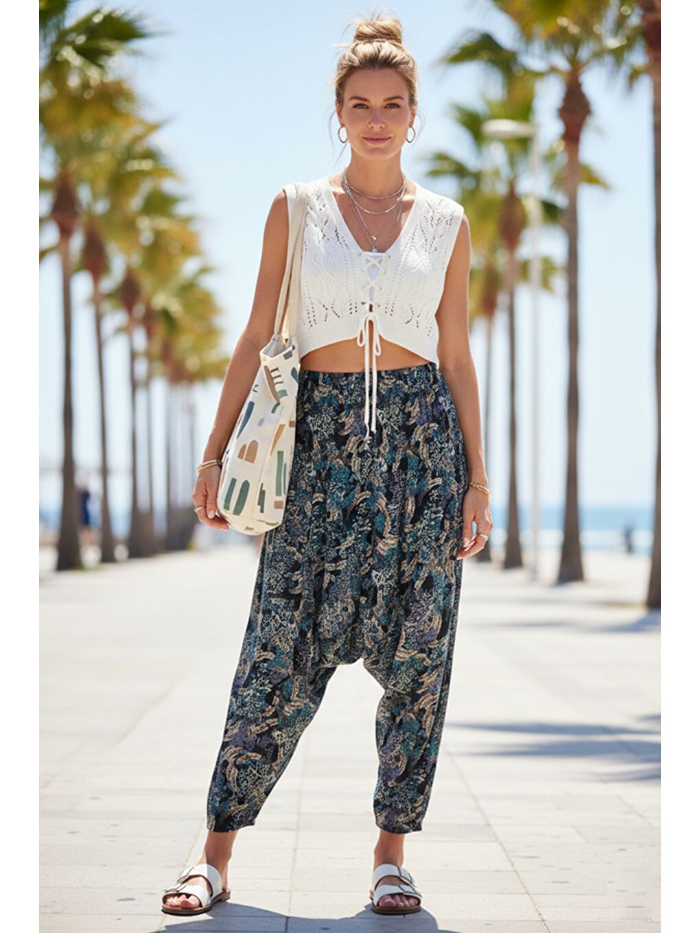 Turkuaz Desenli Allover Baskılı Lastikli Bel Şalvar Paça Casual Dokuma Şalvar Pantolon 105 65-1