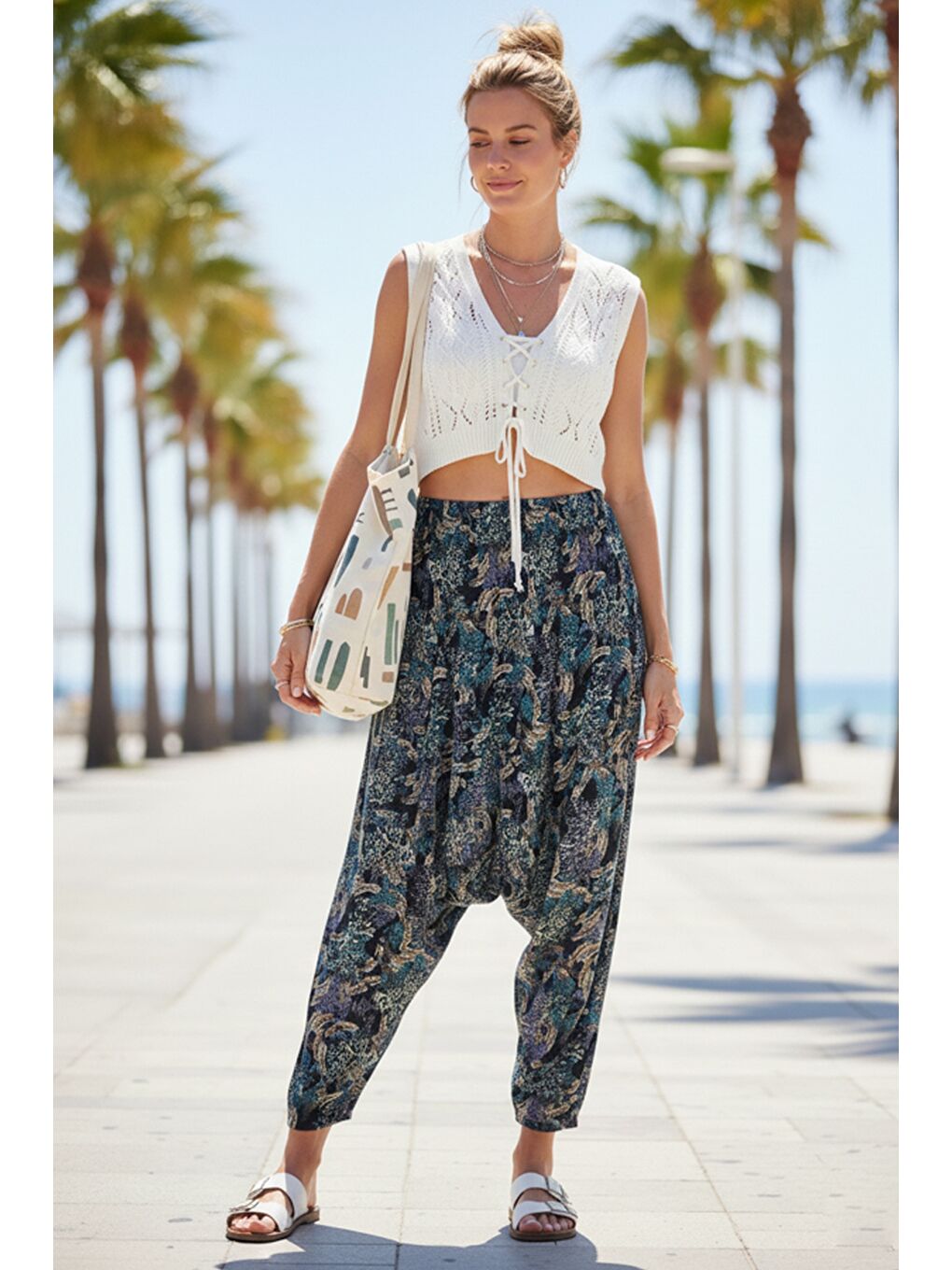 Turkuaz Desenli Allover Baskılı Lastikli Bel Şalvar Paça Casual Dokuma Şalvar Pantolon 105 65-2