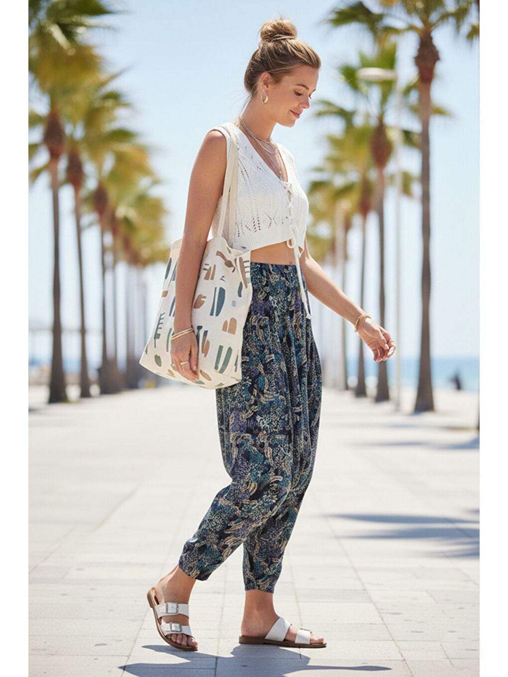 Turkuaz Desenli Allover Baskılı Lastikli Bel Şalvar Paça Casual Dokuma Şalvar Pantolon 105 65-3