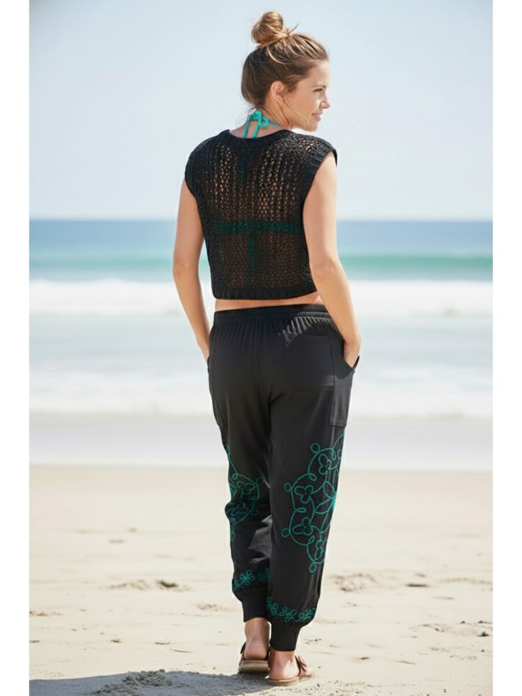 Siyah-Yeşil Baskılı Cepli Lastikli Bel Lastikli Paça Casual Örme Şalvar Pantolon 95 60-5