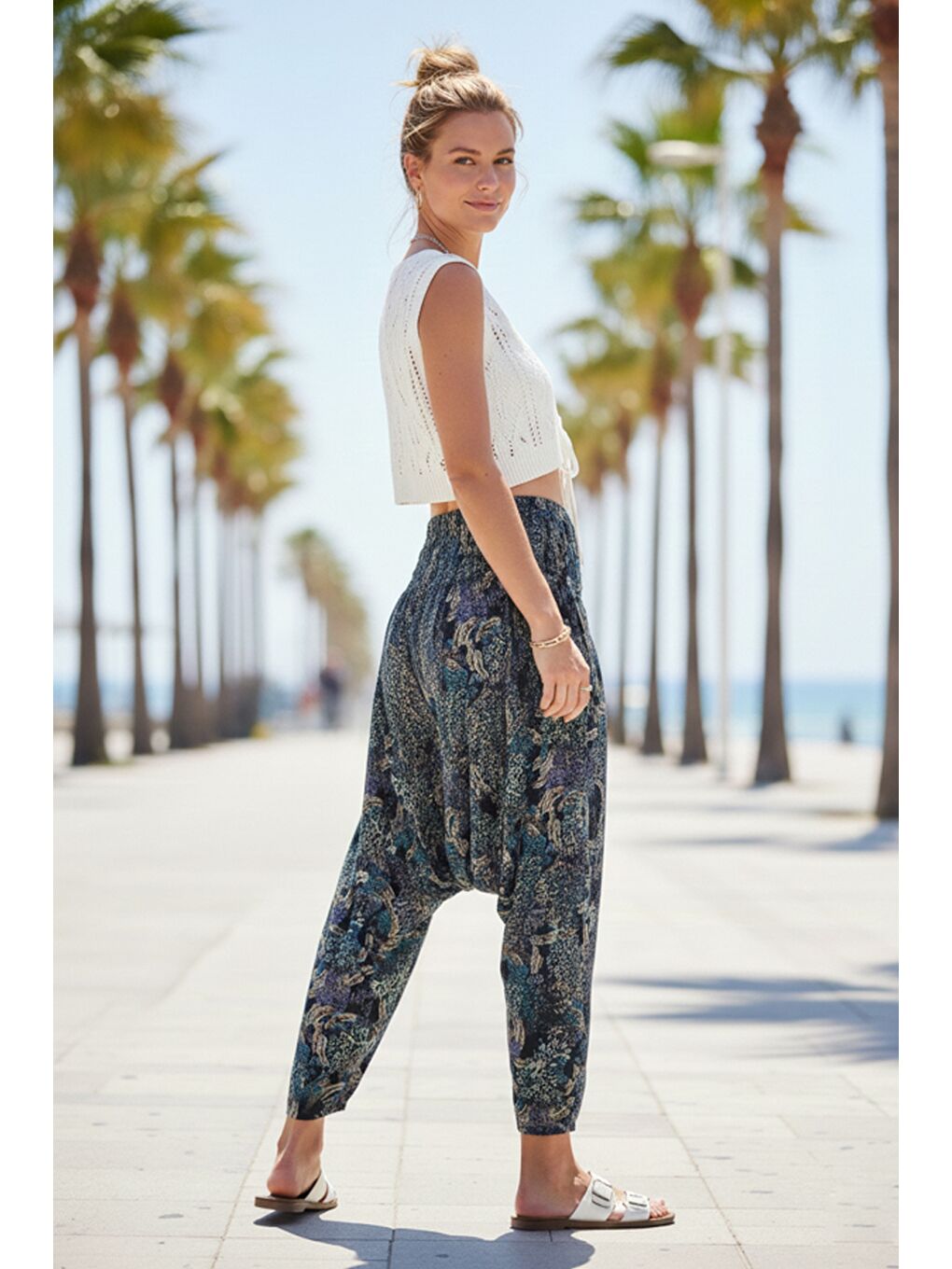 Turkuaz Desenli Allover Baskılı Lastikli Bel Şalvar Paça Casual Dokuma Şalvar Pantolon 105 65-4