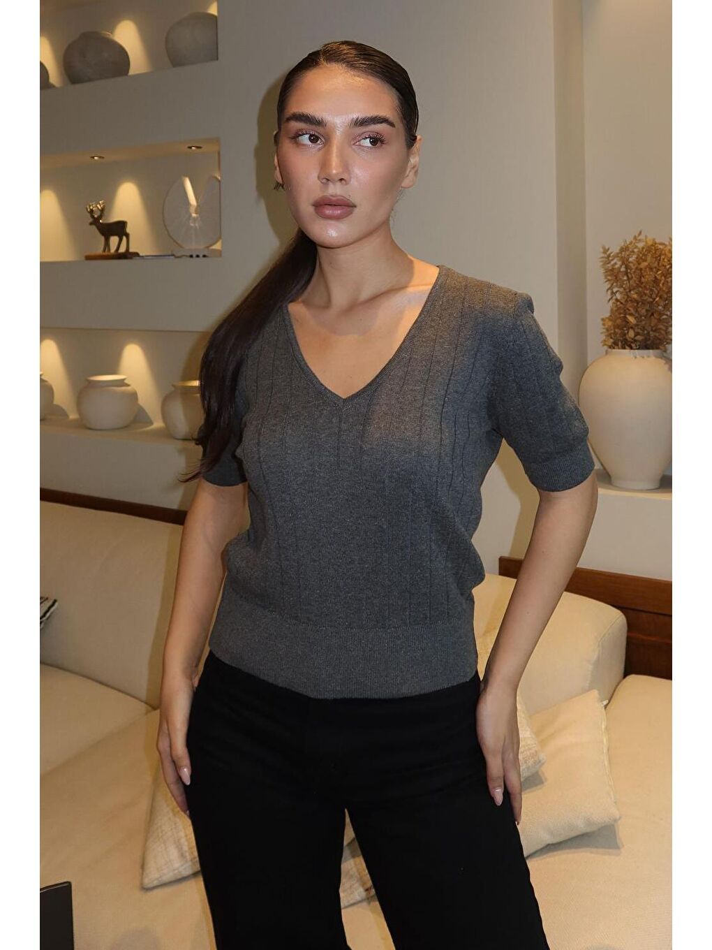 Antrasit V Yaka Örgülü Kadın Triko Tişört Mg2369-1