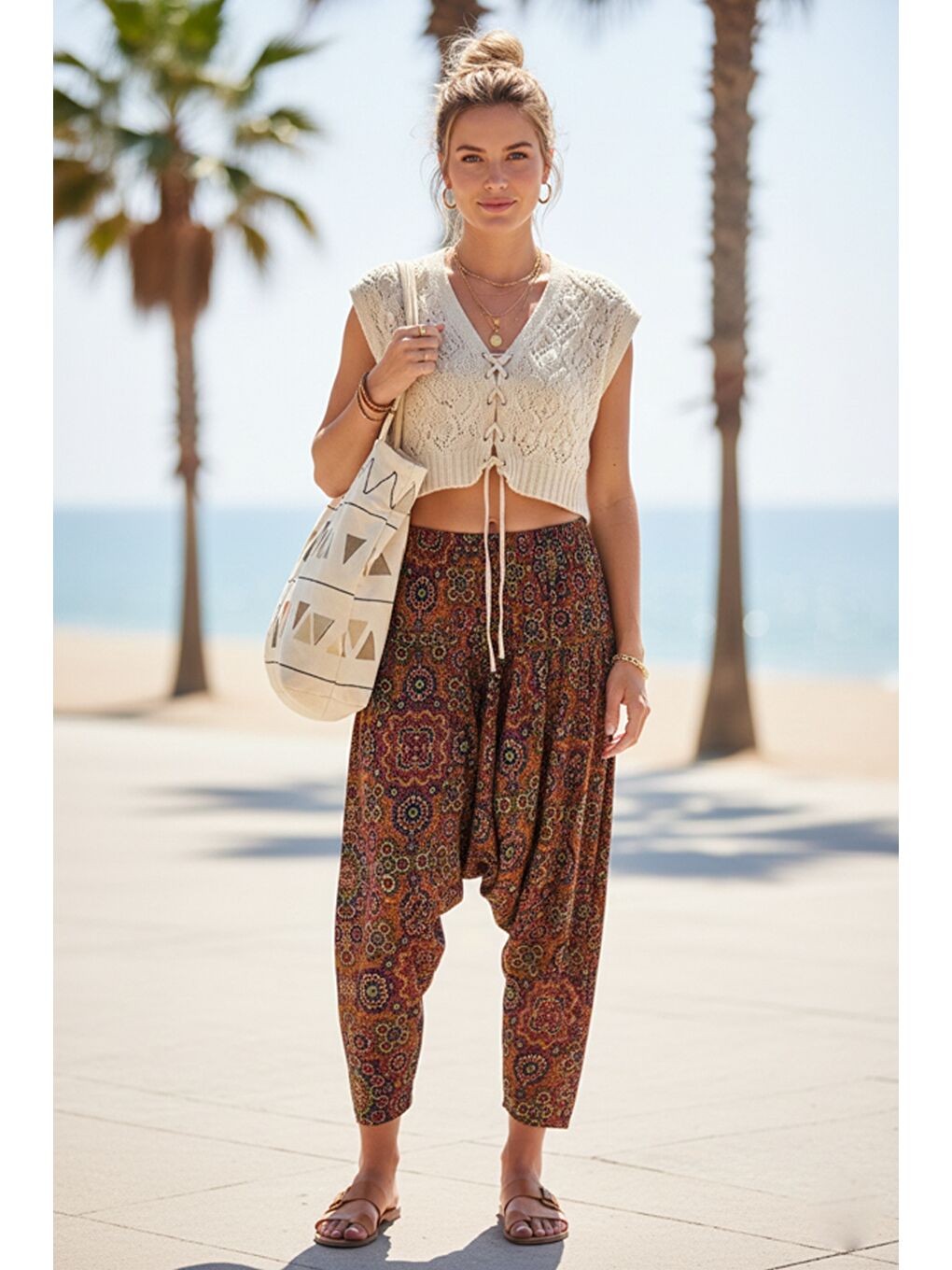 Kahverengi Kiremit Rengi Etnik Desenli Allover Baskılı Lastikli Bel Şalvar Paça Dokuma Şalvar Pantolon 105 65-1