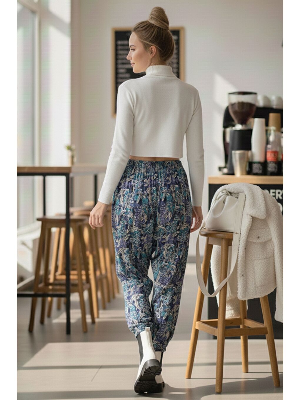 Turkuaz Desenli Allover Baskılı Lastikli Bel Şalvar Paça Casual Dokuma Şalvar Pantolon 105 65-5