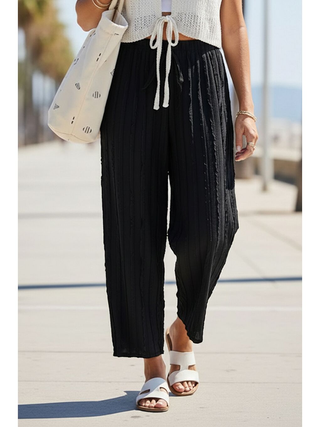 Siyah Lastikli Bel Geniş Paça Casual Ajur Örgü Örme Şalvar Pantolon 100 65