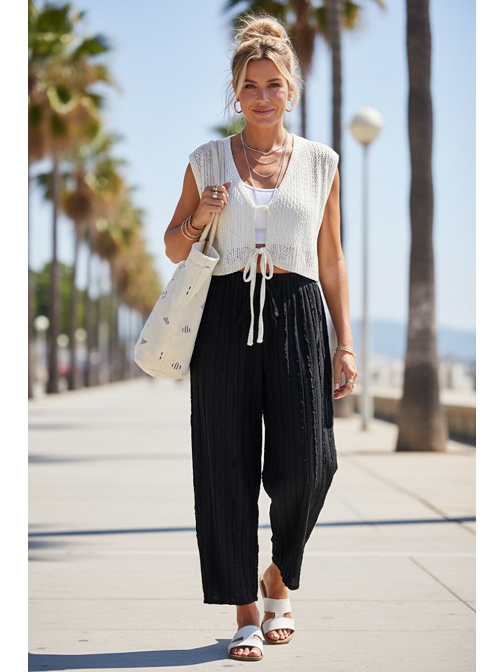 Siyah Lastikli Bel Geniş Paça Casual Ajur Örgü Örme Şalvar Pantolon 100 65-1