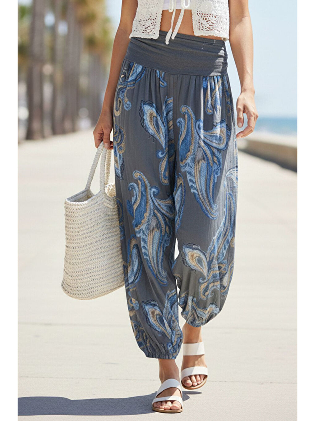 İtalyan Antrasit Şal Desenli İnce Yüksek Bel Lastikli Paça Casual Bol Dokuma Pantolon 102 55-75