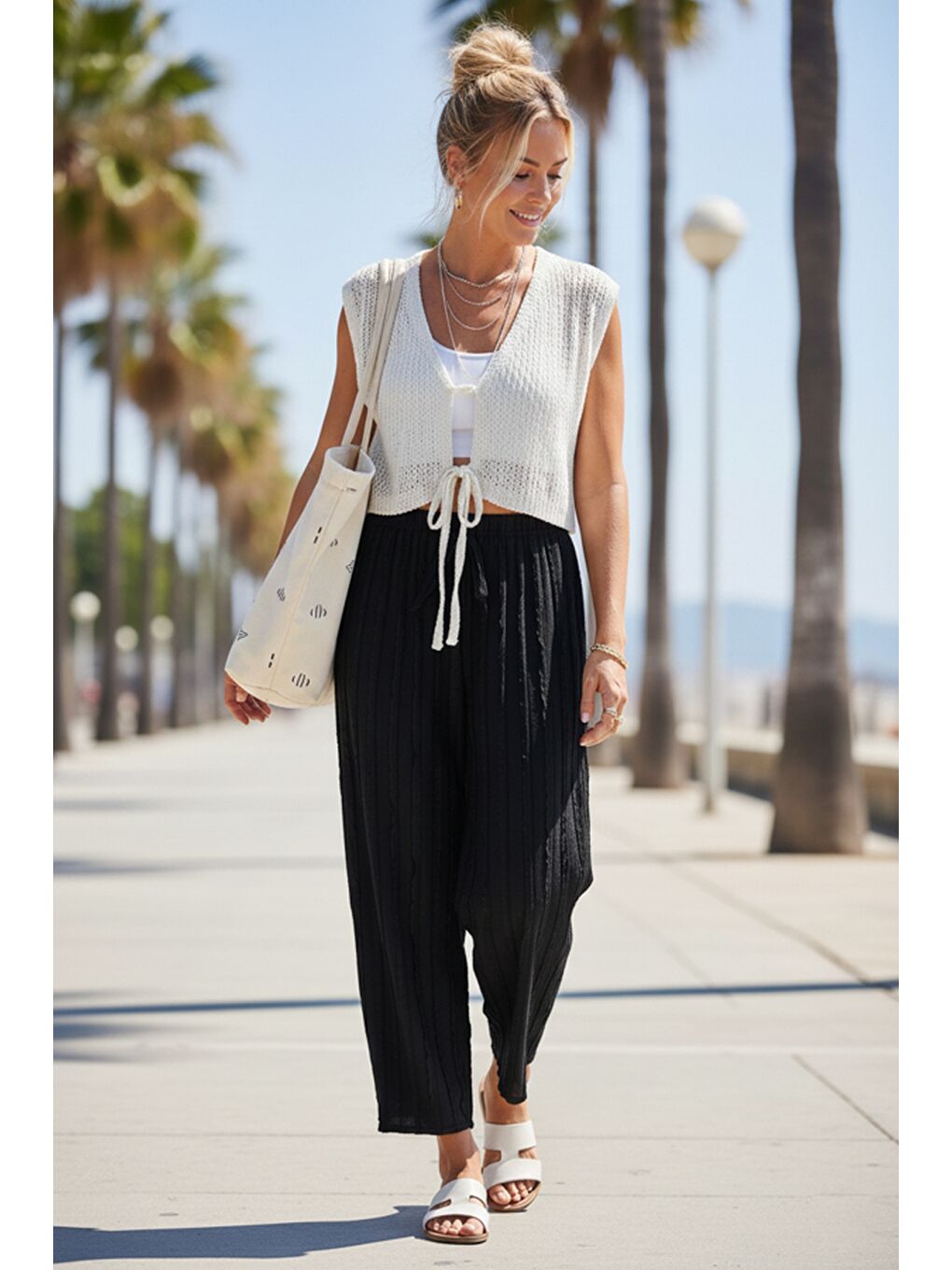 Siyah Lastikli Bel Geniş Paça Casual Ajur Örgü Örme Şalvar Pantolon 100 65-2