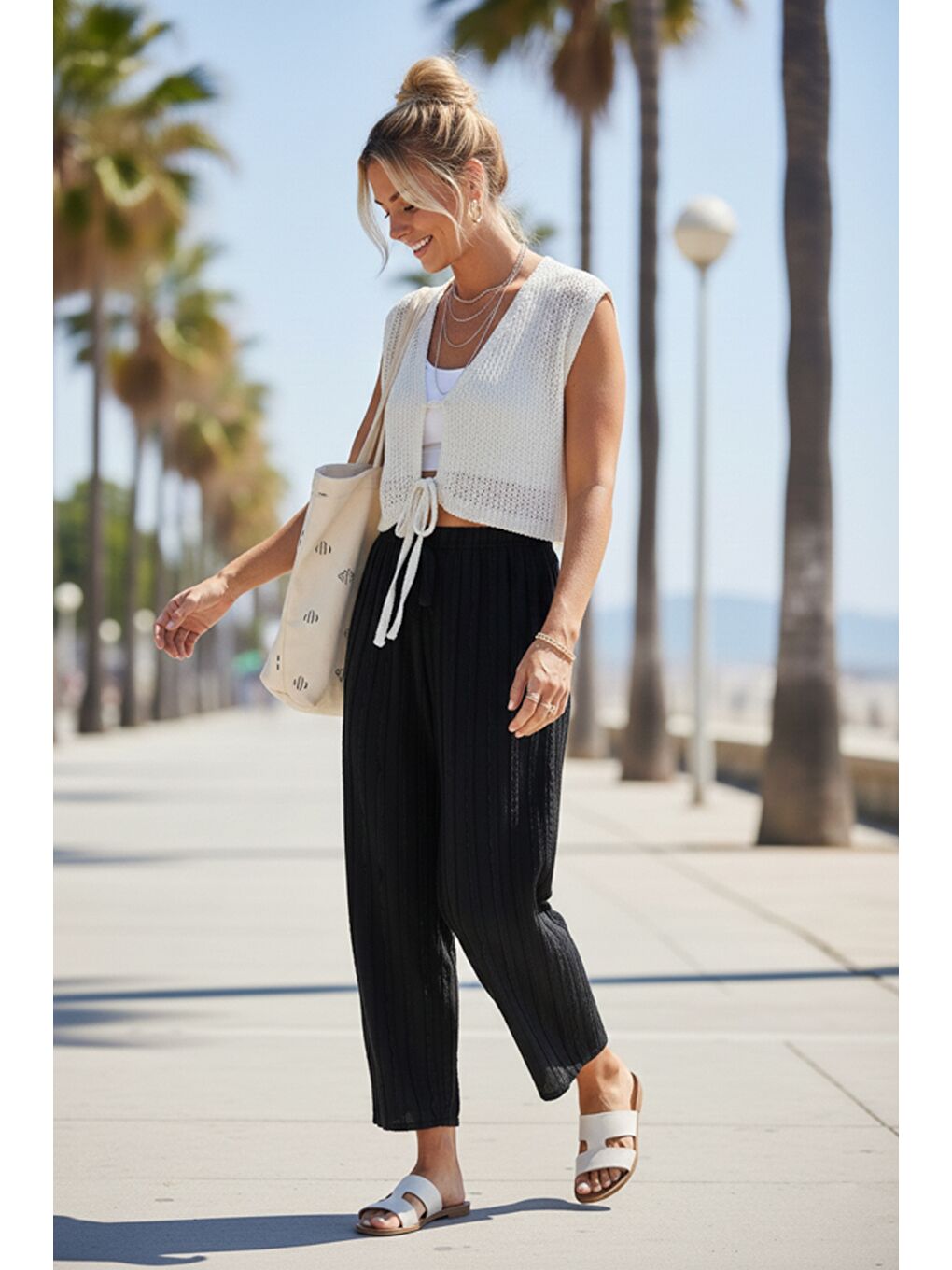 Siyah Lastikli Bel Geniş Paça Casual Ajur Örgü Örme Şalvar Pantolon 100 65-3