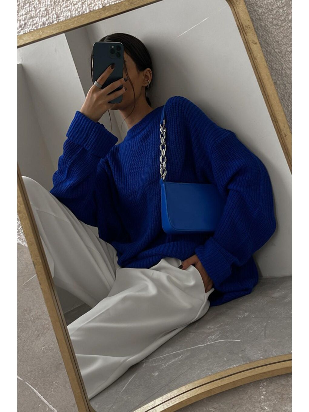 Mavi Saks Bisiklet Yaka Basic Kazak Mg1264