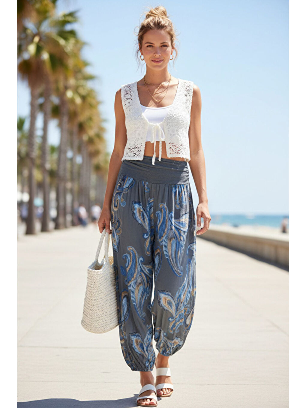 İtalyan Antrasit Şal Desenli İnce Yüksek Bel Lastikli Paça Casual Bol Dokuma Pantolon 102 55-75-1