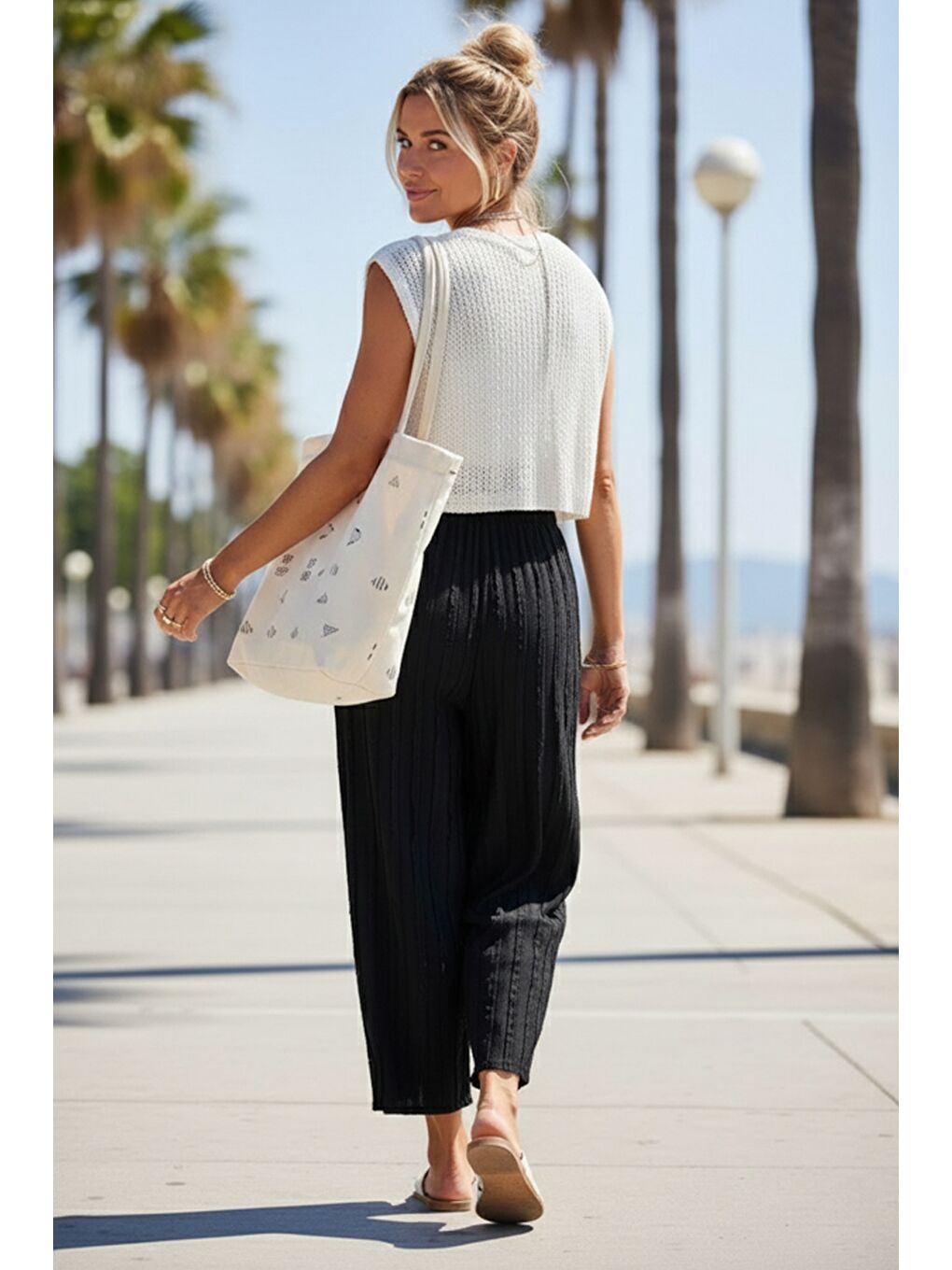 Siyah Lastikli Bel Geniş Paça Casual Ajur Örgü Örme Şalvar Pantolon 100 65-4