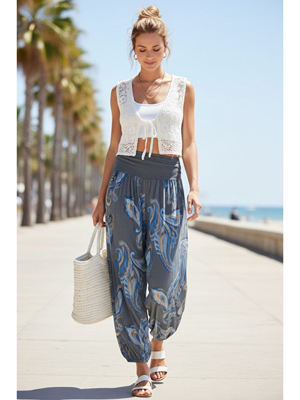 İtalyan Antrasit Şal Desenli İnce Yüksek Bel Lastikli Paça Casual Bol Dokuma Pantolon 102 55-75-2