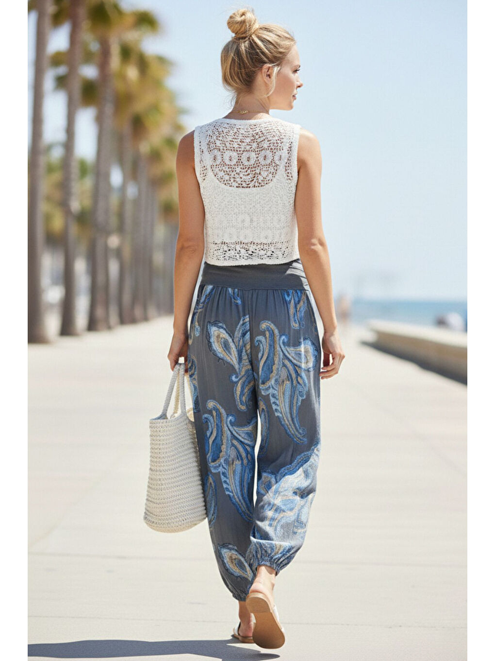 İtalyan Antrasit Şal Desenli İnce Yüksek Bel Lastikli Paça Casual Bol Dokuma Pantolon 102 55-75-3