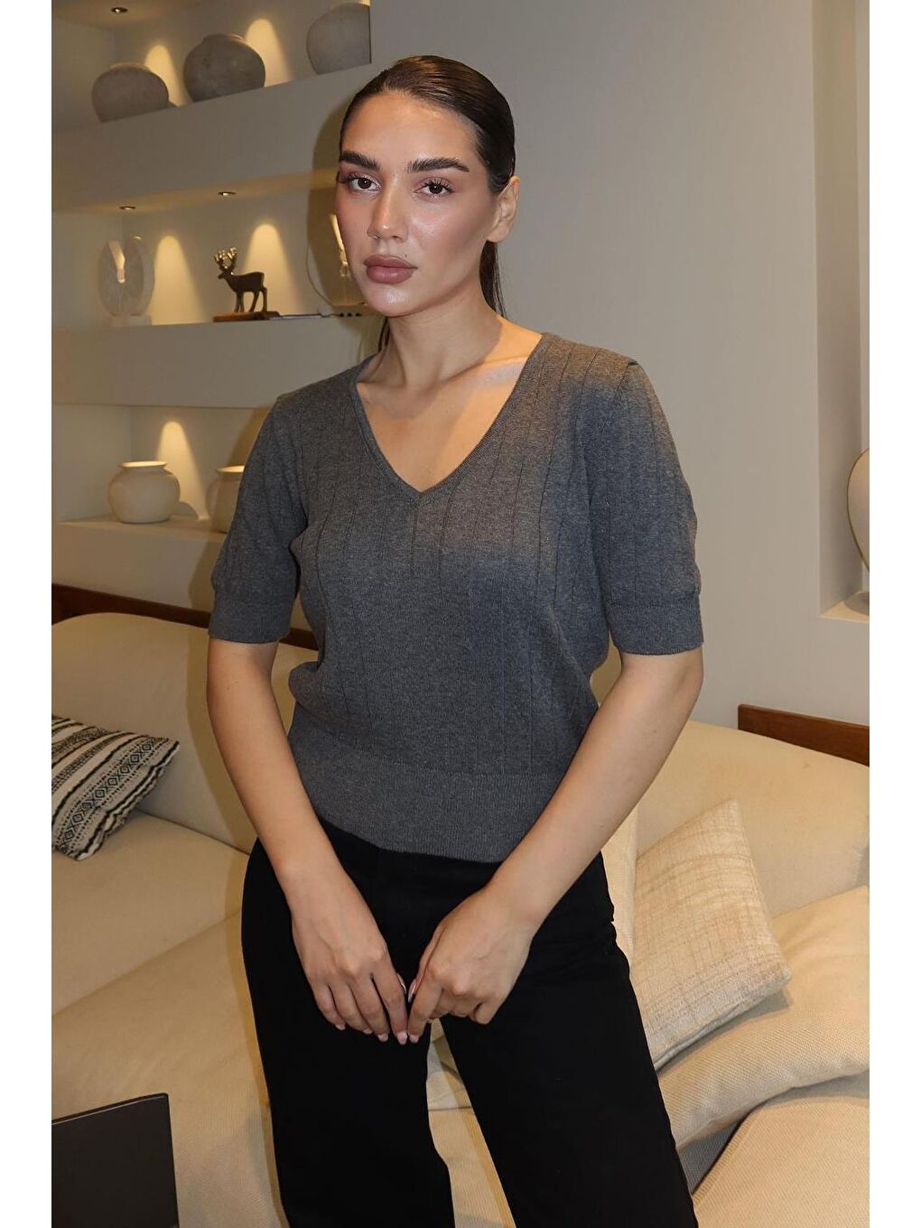Antrasit V Yaka Örgülü Kadın Triko Tişört Mg2369-4