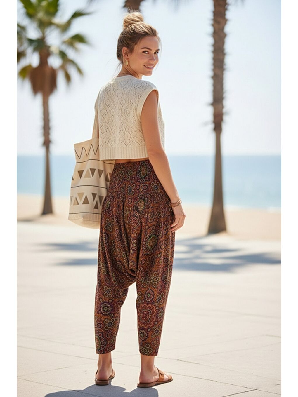 Kahverengi Kiremit Rengi Etnik Desenli Allover Baskılı Lastikli Bel Şalvar Paça Dokuma Şalvar Pantolon 105 65-4