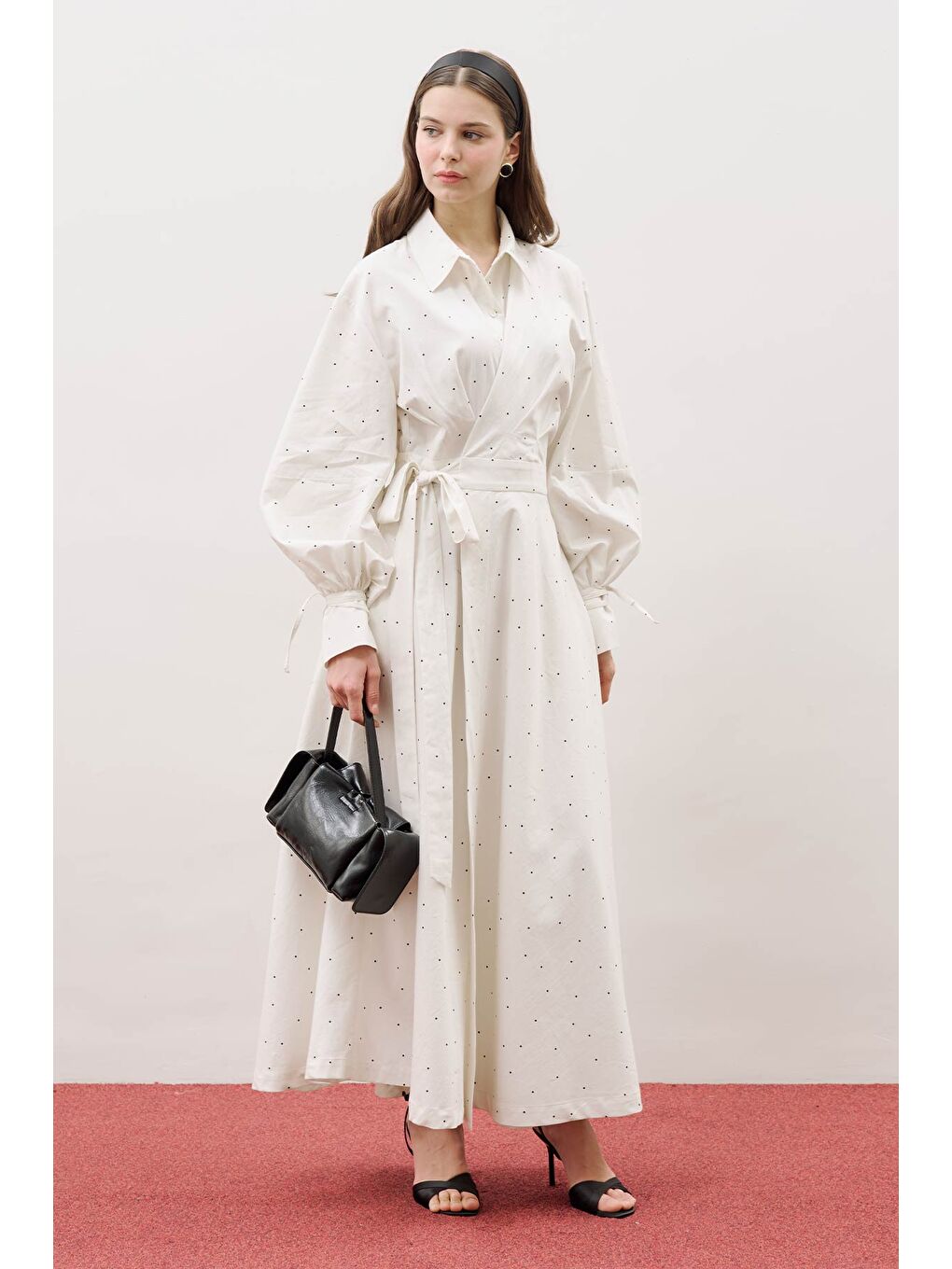 Beyaz Enya Pileli Gömlek Elbise Puantiye-5