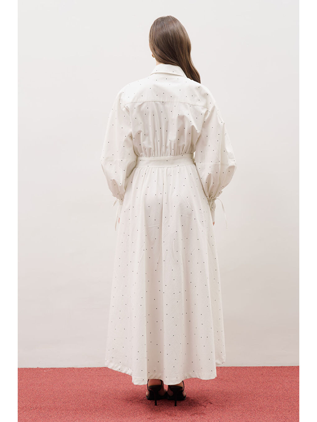 Beyaz Enya Pileli Gömlek Elbise Puantiye-6