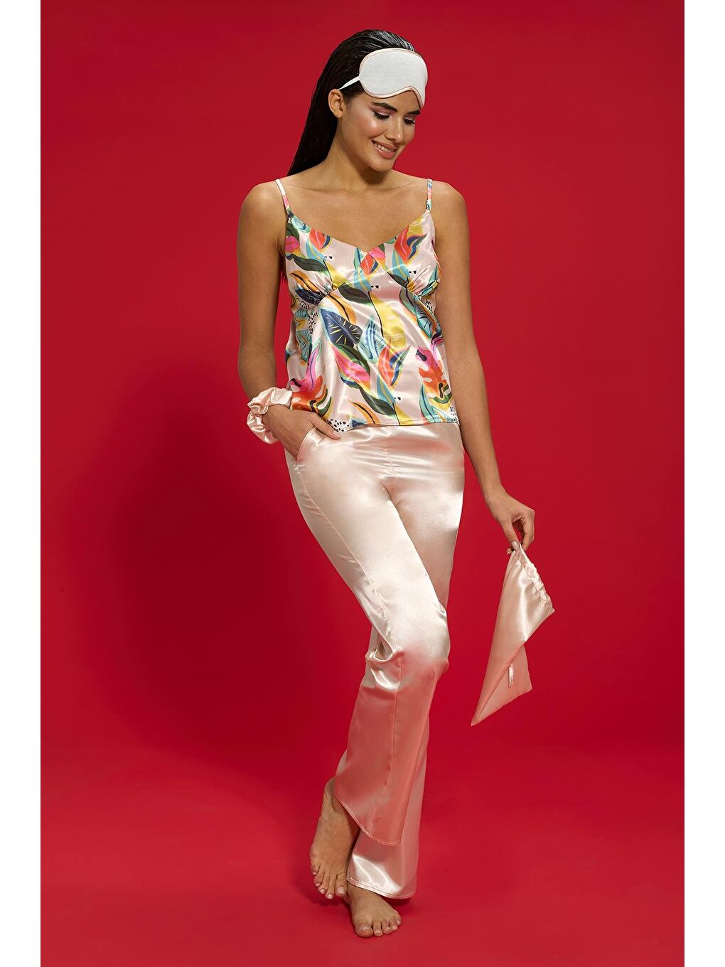 Pembe 6'Lı Çicek Desen Somon Pijama Takımı-6